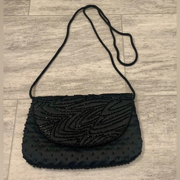 Vintage La Regale LTD Handmade Black Beaded Crossbody Purse - Picture 1 of 5